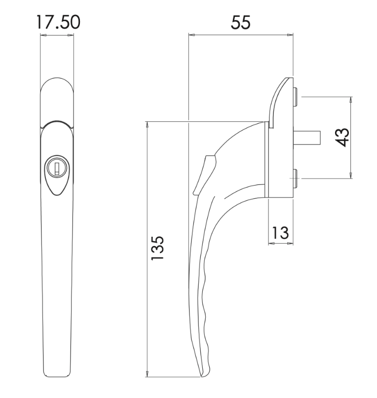 Pro Linea Universal PVC window handle Silver 30mm long Spindle
